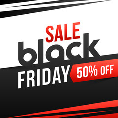 Fototapeta na wymiar Advertising template or flyer design with 50% discount offer on Black Friday Sale.