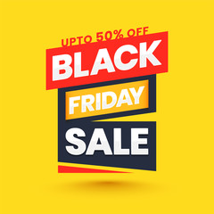 Black Friday Sale tag or label with 50% discount offer on yellow background.