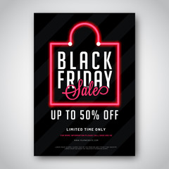 Advertising template or flyer design for Black Friday Sale with 50% discount offer.
