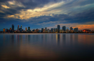 Long exposure sunset cityscape, cloudy night, Perth Australia