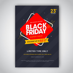 Advertising template or flyer design with 50% discount offer and contact details for Black Friday Sale.