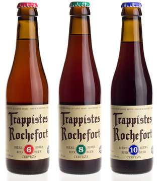 GRONINGEN, NETHERLANDS - MARCH 23, 2016: Belgian trappist beer Rochefort 6, 8 and 10 isolated on a white background