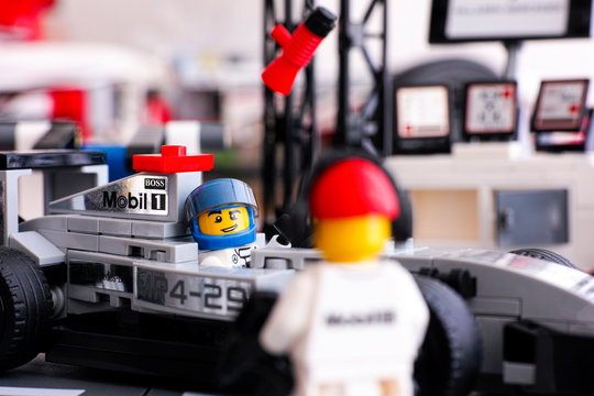 Tambov, Russian Federation - June 24, 2015: Lego McLaren Mercedes MP4-29 race car with driver minifigure in McLaren Mercedes Pit Stop by Lego Speed Champions. 