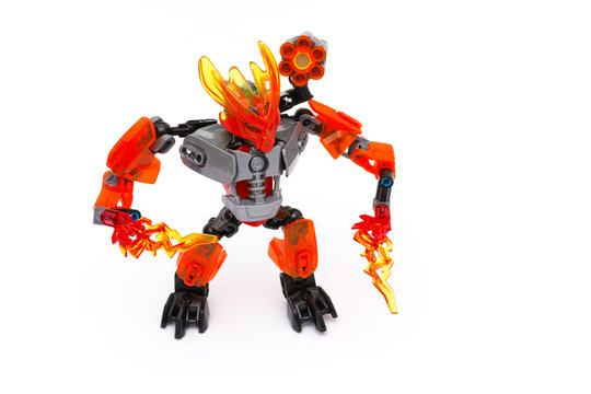 Tambov, Russian Federation - July 16, 2015 Lego Bionicle Protector of Fire on white background. Studio shot.