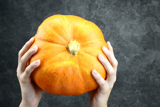 organic orange pumpkin and hands someone holding pumpkin in hand close up photo