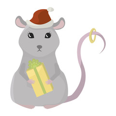 Rat in santa claus costume, new year with a gift in his hands.
