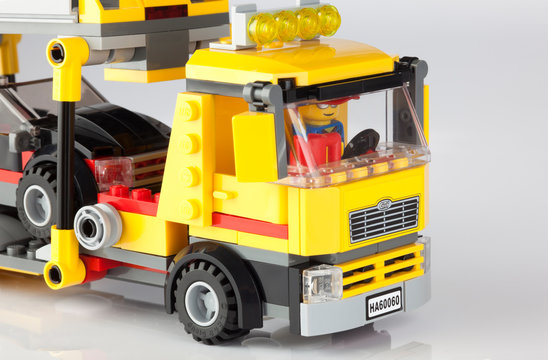 Tambov, Russian Federation - June 21, 2014: Lego City set Auto Transporter. Driver in trailer. Studio shot.