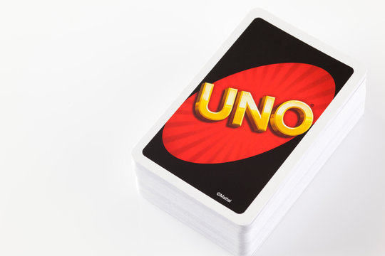 Tambov, Russian Federation - August 24, 2013: Deck of UNO game cards on white background. Studio shot.