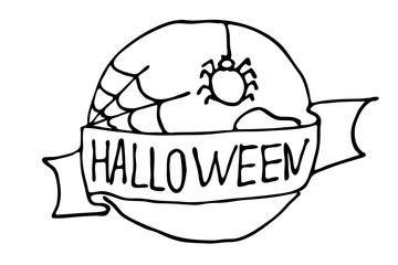 Outline round label with ribbon Halloween around the moon with a spider and cobwebs. Vector illustration hand drawing on a white background  isolated for coloring book