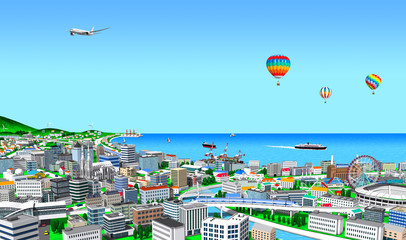 A clear port town where jets and balloons float in the sky in 3d rendering