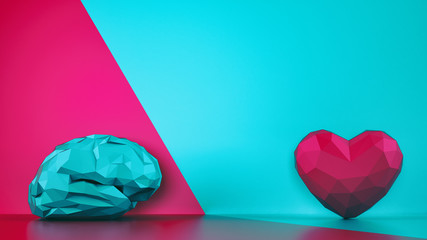 Comparison between reason and feeling. Faceted brain and heart on a two tone background. 3D Rendering