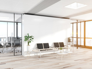 Blank white wall in concrete waiting room with large windows Mockup 3D rendering