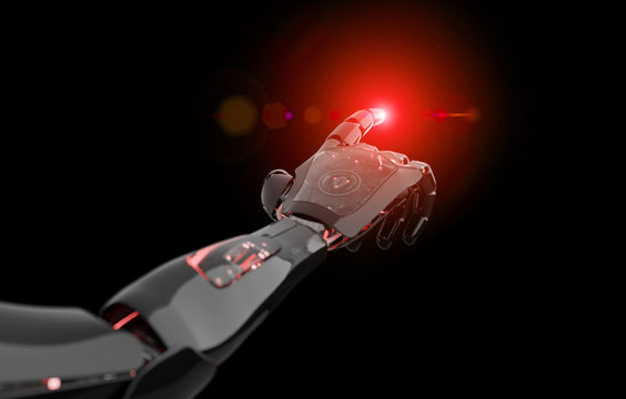 Black and red intelligent robot cyborg arm pointing finger on dark 3D rendering