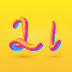 Letter L 3D vector. Liquid gradient shape on yellow background. Colorful hand draw alphabet for branding, logo, a set of words. Festive typography, childrens alphabet, uppercase letters