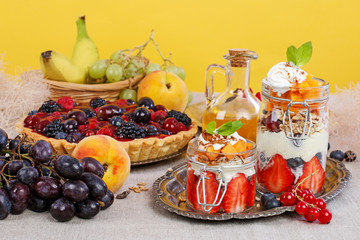 Layer fruit dessert in glass container