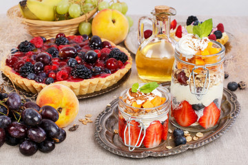 Layer fruit dessert in glass container