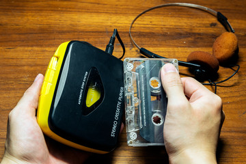 Retro personal audio portable cassette player and Headphones.