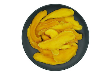 Dehydrated Mango or Dried Mango Slices in Plate on White Background