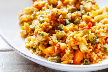 Chicken curry with basmati rice and green peas
