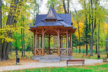 SZCZAWNICA, POLAND - SEPTEMBER 17, 2018: Wooden gazebo in public park