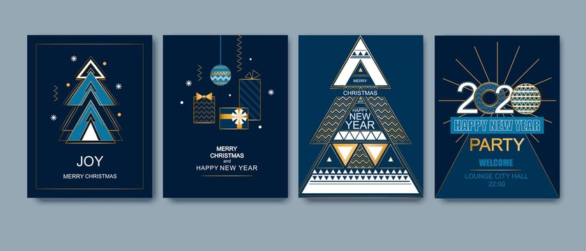 Happy New Year, Merry Christmas card. Winter holiday gold and blue invitation. Style design with Christmas tree and decoration. Greeting card, flyer, poster, party, brochure.