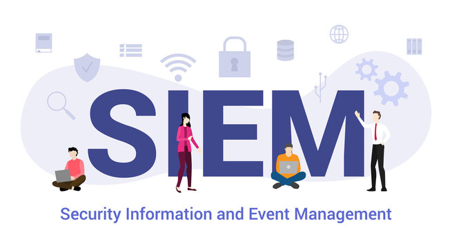 siem security information and event management concept with big word or text and team people with modern flat style - vector