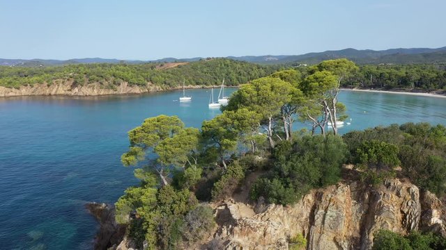 Aerial view of Cap Leoube and estagnol beach located near Bormes les mimosas in Var department, south of France
