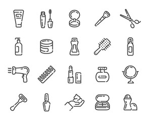 Set of makeup and beauty cosmetics outline icons. Line vector illustration.