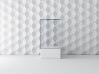 Blank white glass showcase box mockup, isolated on gray