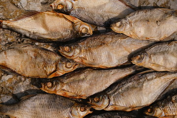 Obraz premium conceptual flat background of dried fish. vobla