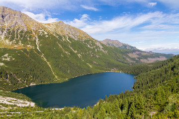 View of Morskie Oko from top, magic lake in the Tatra mountains