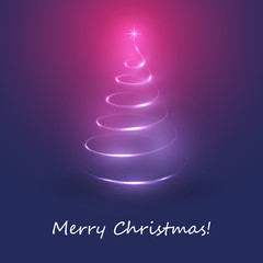 Merry Christmas, Happy Holidays Card -  Christmas Tree Shape Made from Bright Spiraling Light on a Dark Blue, Purple and Red Background