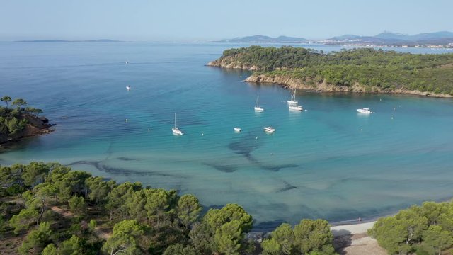 Aerial view of Cap Leoube and estagnol beach located near Bormes les mimosas in Var department, south of France
