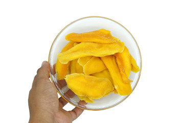 Dehydrated Mango or Dried Mango Slices in bowl on White Background