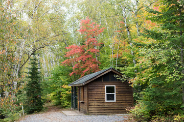 Wooden cottage in forest in early autumn. Ontario. Canada