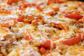 Leckere italienische Pizza schmeckt selbstgemacht und frisch aus dem Ofen mit Thunfisch und Paprika...