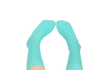 Woman in blue socks isolated on white background. Top view.