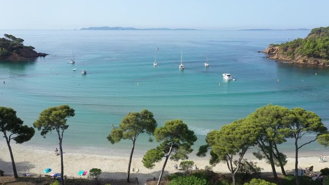 Aerial view of Cap Leoube and estagnol beach located near Bormes les mimosas in Var department, south of France