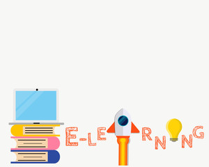 Education concept: There are books, laptop, rocket, bulb and word E-learning for your design about examination, final test or entrance