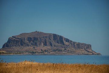 Impressive view of the Great Rock of Monemvasia island and the medieval 