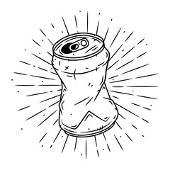 Aluminum can. Hand drawn vector illustration with Aluminum can and divergent rays. Used for poster, banner, web, t-shirt print, bag print, badges, flyer, logo design and more.
