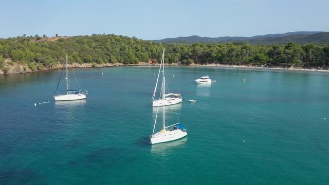 Aerial view of Cap Leoube and estagnol beach located near Bormes les mimosas in Var department, south of France