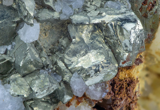 Close up of silver ore with quartz. Concept: mineralogy and mining