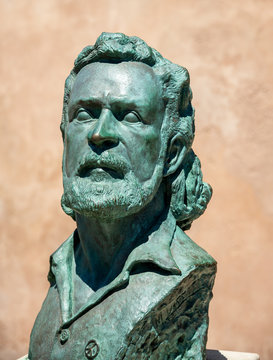 Statue of Yannis Ritsos outside his house in Monemvasia castle town. He was a Greek poet, left-wing activist and an active member of the Greek Resistance during World War 2