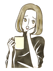 飲み物を手に頬杖をつく女性-心配