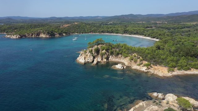 Aerial view of Cap Leoube and estagnol beach located near Bormes les mimosas in Var department, south of France