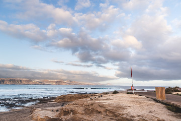 El confital beach at sunrise in Gran Canaria, Canary islands, Spain. Coast volcanic landscape.