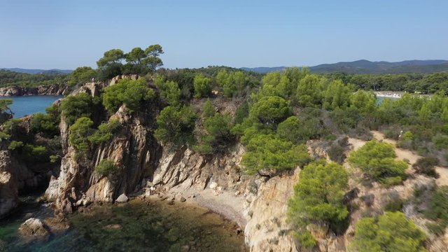 Aerial view of Cap Leoube and estagnol beach located near Bormes les mimosas in Var department, south of France