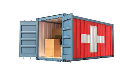 Freight Container with Swiss flag isolated on white - 3D Rendering
