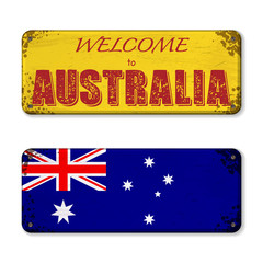 Set of two nameplates with Australia flag and welcome text
